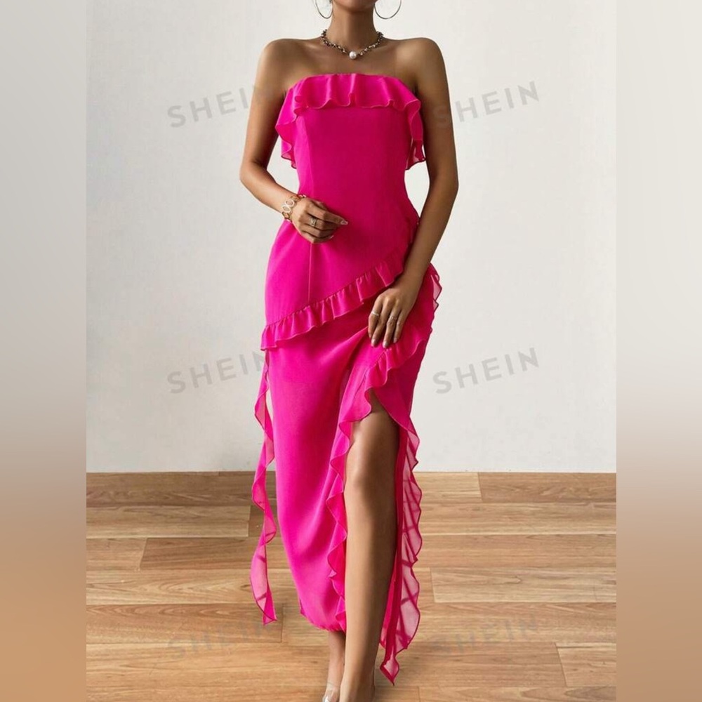 SHEIN, women’s, strapless party dress. Ruffle hem, & front slit. 2 available